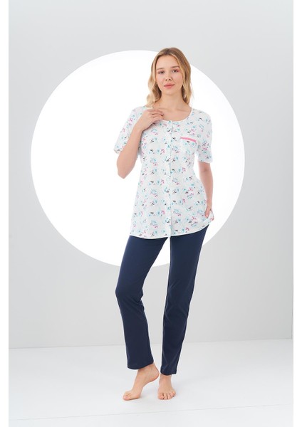 24115 Kadın Üst Desenli Düğmeli Pijama Takım