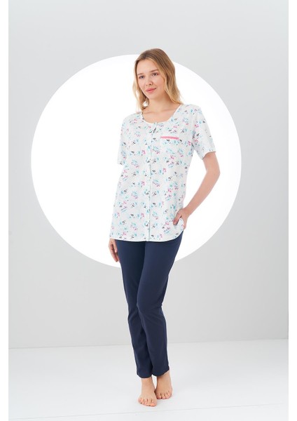 24115 Kadın Üst Desenli Düğmeli Pijama Takım