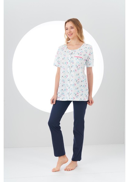 24115 Kadın Üst Desenli Düğmeli Pijama Takım