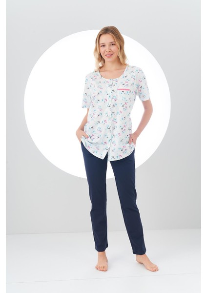24115 Kadın Üst Desenli Düğmeli Pijama Takım