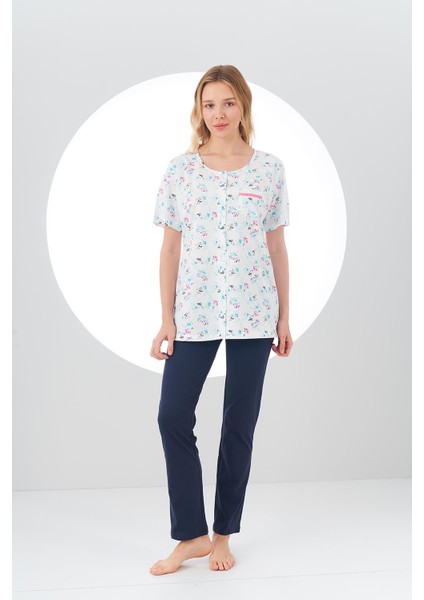 24115 Kadın Üst Desenli Düğmeli Pijama Takım