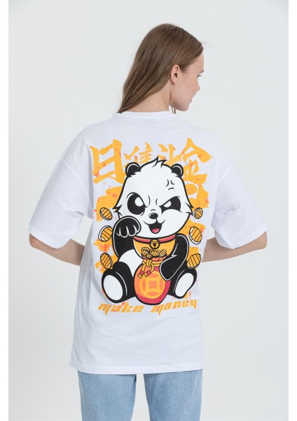 R-5724 Bisiklet Yaka Panda Baskılı Oversize T-Shirt indirimleri