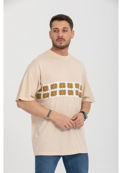 R-5730 Bisiklet Yaka Ön Nakış Detaylı Oversize T-Shirt