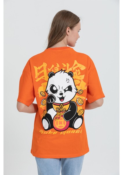 R-5724 Bisiklet Yaka Panda Baskılı Oversize T-Shirt indirimleri