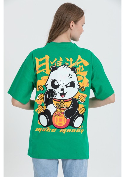 R-5724 Bisiklet Yaka Panda Baskılı Oversize T-Shirt