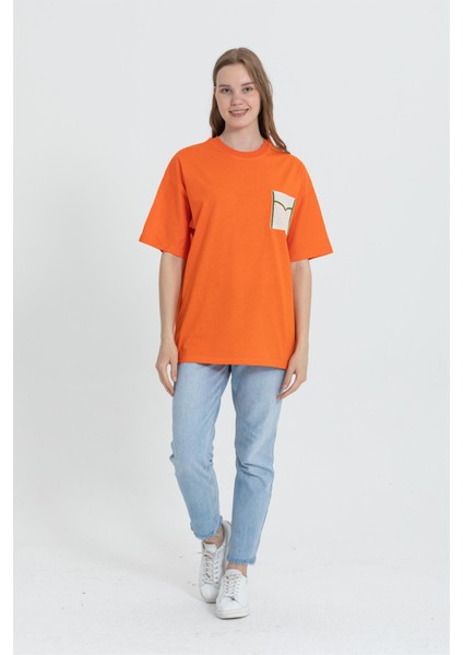 R-5729 Bisiklet Yaka Dantel Cep Detaylı Oversize T-Shirt