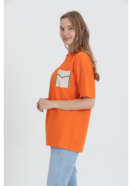 R-5729 Bisiklet Yaka Dantel Cep Detaylı Oversize T-Shirt indirimleri