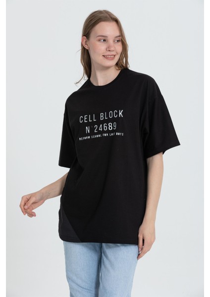 R-5703 Bisiklet Yaka Cell Block Baskı Detaylı T-shirt