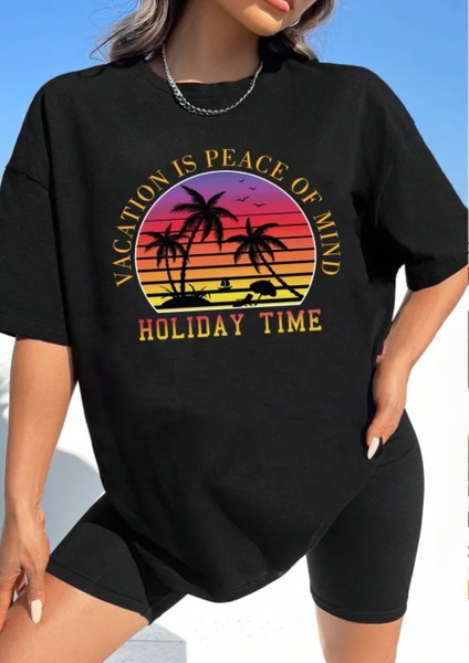 Büyük Beden Özel Tasarım Holidaytıme Baskılı Pamuk Oversize Kadın T-Shırt