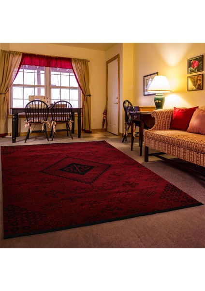 Afgan Türkmen Otantik Desenli Bordo Oturma Odası Salon Mutfak Halısı 5366A_ZS72 80 x 150