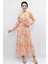 Çiçek Desenli Pileli Elbise Turuncu 1