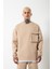 Süper Oversize Cepli Bisiklet Yaka Basic Sweatshirt Bej 1