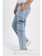 Beli Kemerli Rahat Kalıp Denim Taş Yıkamalı Kot Kargo Cep Pantolon Buz Mavi 3