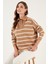 Çizgili Yarım Fermuarlı Oversize Triko Kazak Bayan Kazak 4616080 1