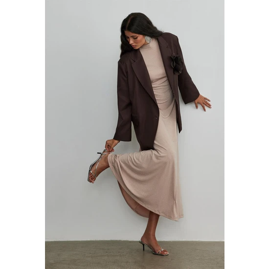 Suud Collection Pudra Işıltılı Maxi Örme Elbise