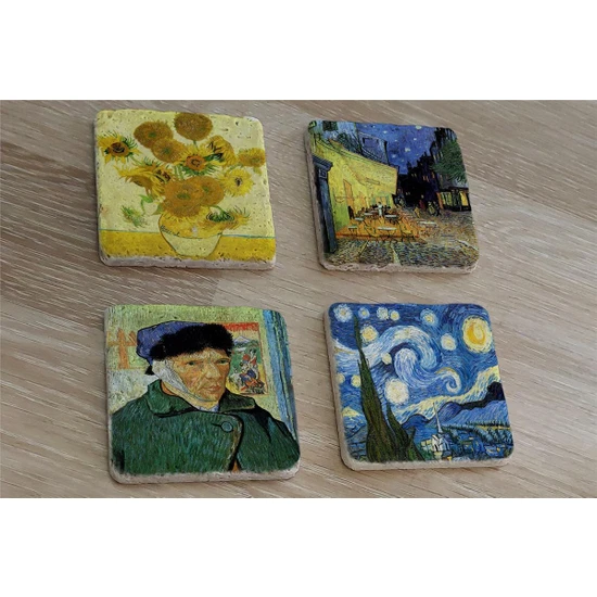 Tablosan Van Gogh Yıldızlı Gece ve Eserleri Doğal Taş Bardak Altlığı 4'lü Set - Natural Stone Coasters