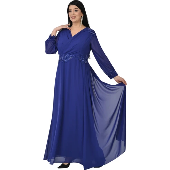 Lilas Xxl Kadın Büyük Beden Uzun Şifon Abiye Elbise 9573 Saks