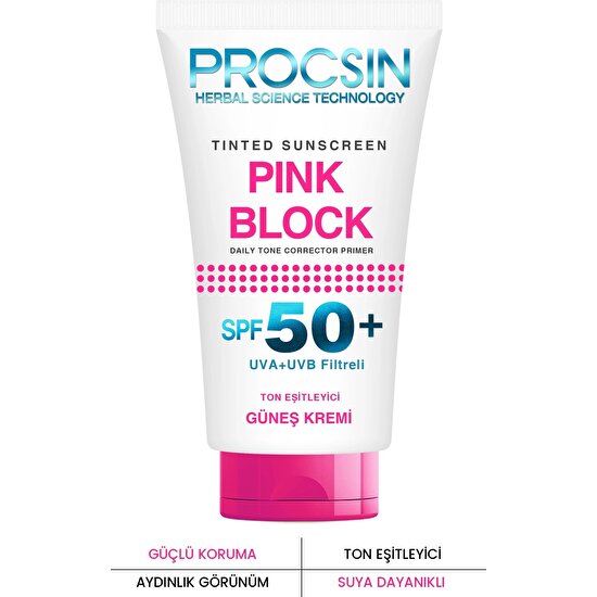 PROCSIN Pink Block Aydınlatıcı ve Ton Eşitleyici SPF50+ Güneş Kremi 50 ML