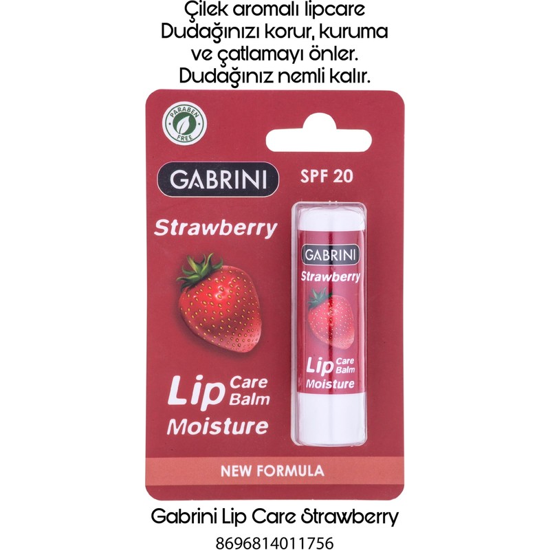 Gabrini Lip Care Strawberry Şeffaf Renkli Dudak Balmı - Nemlendirici ve Koruyucu Etki SPF 20
