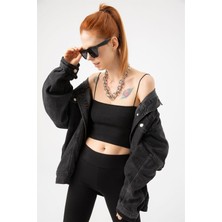 Gothamvibes Kadın Siyah Fitilli Ip Askılı Crop Top