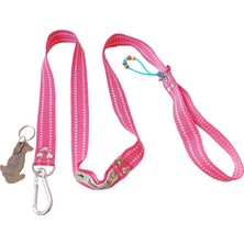 Balkonda Köpek gezdirme tasması yumuşak sık dokuma kolon pembe beyaz şeritli genişlik:2,5cm uzunluk:120cm dağcı kancalı dog leash B3-8