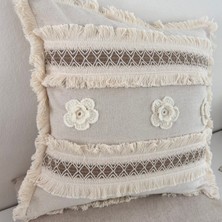 NDC Home Kalın Dantel Püsküllü ve Motifli Keten Krem Kırlent Kırlent Kılıfı 43 x 43 cm