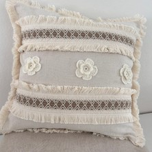 NDC Home Kalın Dantel Püsküllü ve Motifli Keten Krem Kırlent Kırlent Kılıfı 43 x 43 cm