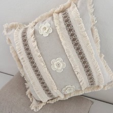 NDC Home Kalın Dantel Püsküllü ve Motifli Keten Krem Kırlent Kırlent Kılıfı 43 x 43 cm