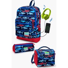 Coral High  Lacivert Kırmızı Köpek Balığı Desenli Usb'li 3’lü Okul Çanta Seti