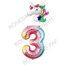 Unicorn Folyo Balon ve Gökkuşağı Rakam Folyo Balon Seti 3