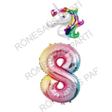 Unicorn Folyo Balon ve Gökkuşağı Rakam Folyo Balon Seti 8