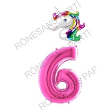 Unicorn Folyo Balon ve Fuşya Rakam Folyo Balon Seti 6