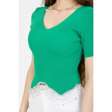 Paradice Kadın Beli Zincir ve Taş Detaylı Kısa Kol Crop Bluz Yeşil