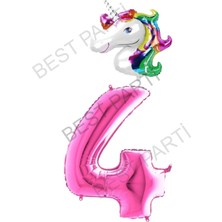 Best Parti Unicorn Folyo Balon ve Fuşya Rakam Folyo Balon Seti 4