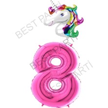 Best Parti Unicorn Folyo Balon ve Fuşya Rakam Folyo Balon Seti 8