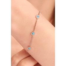 TMT Silver Gümüş Rose Kaplama Üçlü Turkuaz Göz Nazar Boncuklu Zirkon Taşlı Gurmet Zincir Bileklik