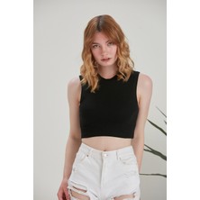 Thin Shop Halter Yaka Penye Siyah Crop Top