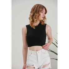Thin Shop Halter Yaka Penye Siyah Crop Top
