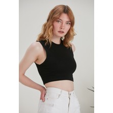 Thin Shop Halter Yaka Penye Siyah Crop Top