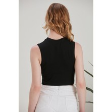 Thin Shop Halter Yaka Penye Siyah Crop Top