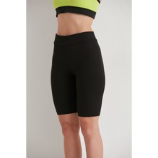 Thin Shop  Biker Şort Siyah Fitilli Tayt - Yüksek Bel Toparlayıcı Siyah Spor Şort Tayt - Sıkılaştırıcı Tayt