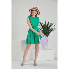 Thin Shop Yeşil Düz Desen Kısa Kollu Bayan Elbise New Fashion