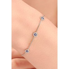 TMT Silver Gümüş  Üçlü Mavi Göz Nazar Boncuklu Zirkon Taşlı Gurmet Zincir Bileklik