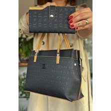 Just Polo Siyah Taba Kadın Orta Boy 5 Bölmeli El ve Omuz Çantası ve Cüzdan Kombini 22X25CM PB5904