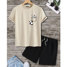 Amor Man Büyük Beden Özel Tasarım Minik Pandalar Baskılı Pamuk Yeni Trend Erkek T-Shırt Şort Takımı