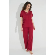 Monamise Kadın Kırmızı Dantelli V Yakalı Kısa Kol Pijama Takımı 18495