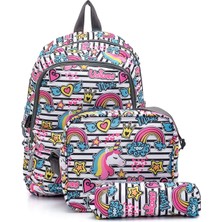 Benetton Unicorn Desenli Kız Okul Çantası 3'lü Set Polyester Materyal ile Yumuşak Dokulu