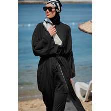 Marina Düz Siyah Kimono Kaftan %100 Polyester Şifon Kumaş Şık Plaj Elbisesi P2342