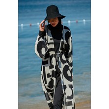 Marina Geometrik Siyah Kimono Kaftan %100 Polyester Hafif Kumaş Şık Plaj Elbisesi