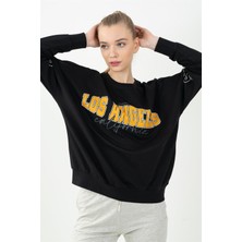 Maraton Oversize Kadın Bisiklet Yaka  Siyah Sweatshirt